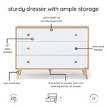 dadada Austin 3-Drawer Dresser for Nursery and Bedroom - Modern Design, Large Storage, Baby-Safe Finish, Anti-Tip Safety, Solid Wood Feet, Durable Construction (White+Red Oak)
