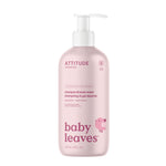 Pink bottle of Attitude baby shampoo and body wash on a white background