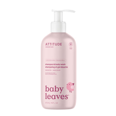 Pink bottle of Attitude baby shampoo and body wash on a white background
