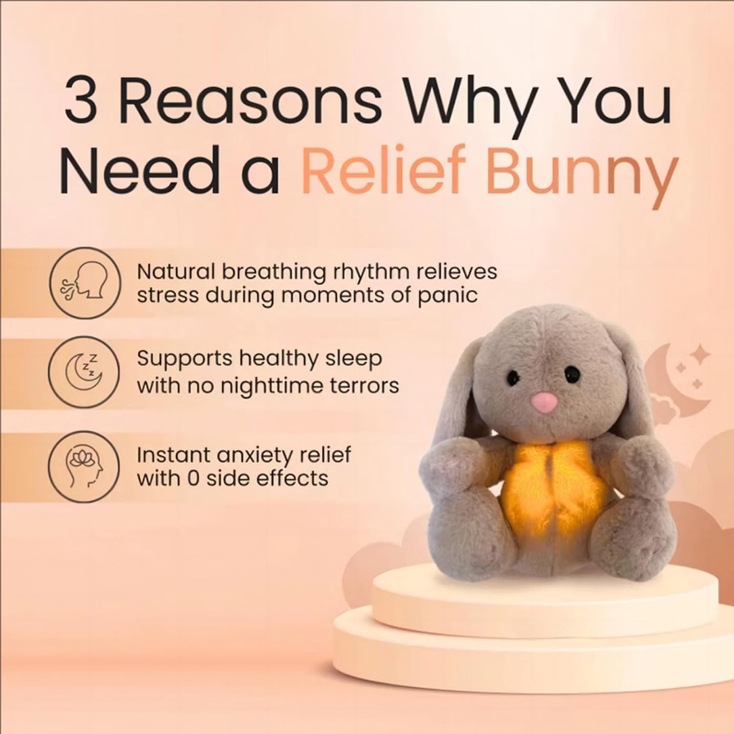 Breathing Stuffed Rabbit: Portable Plush Toy with Light and Sound for Soothing Anxiety and Improving Sleep in Adults and Children (1PC)