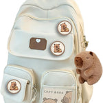 Capybara Backpack for Kids Age 8+, Kawaii Animal Backpack for Boys & Girls, Large Capacity Cute Capybara Bag with Badge (Blue)