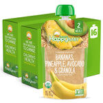 Happy Baby organic baby food package with bananas, pineapple, avocado, and granola on a white background