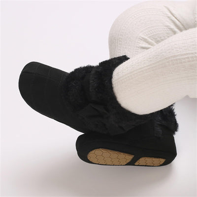 WaiHeikki Infant Baby Girl Boots Cute Bowknot Crib Shoes Winter Warm First Walker Shoes with Non-Skid Soles (Black, 12-18 Months)