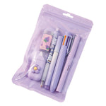 MOZXIRZ 6 Pcs Cute Pink Stationery Set Kawaii School Supplies Office Supplies Women Girls Stationery Kit Including Ballpoint Pens Pencil Highlighter Correction Tape Ruler Eraser (Purple)