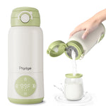 White and green thermos with digital display and milk being poured into a jar.
