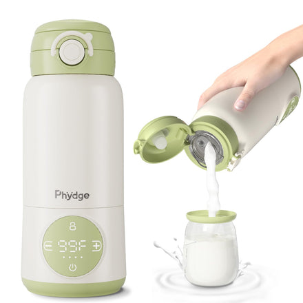 White and green thermos with digital display and milk being poured into a jar.