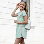 PATPAT Girls 2 Piece Outfits Size 7-8 Years, Green Pink Color Block Tshirts and Skorts Clothing Sets, Girls Summer Outfits, Trendy Clothes Skirt Sets Summer Clothes Lounge Sets