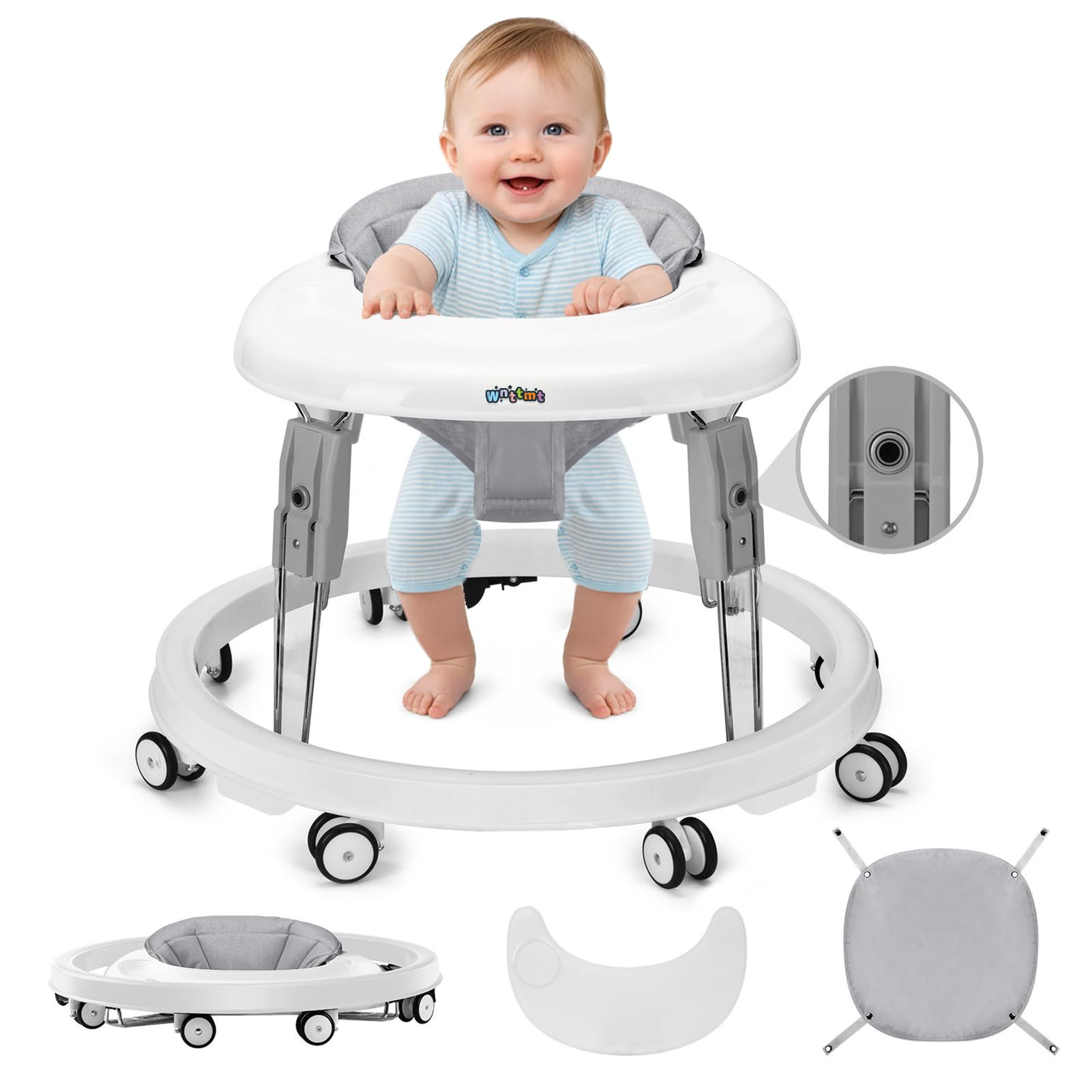 Baby Walker with Wheels, One-Touch Folding Portable Baby Walkers with Height Adjustment, Large Dinner Plate and Brake, Walker for Baby Boy Girls 6-18 Months, Gray