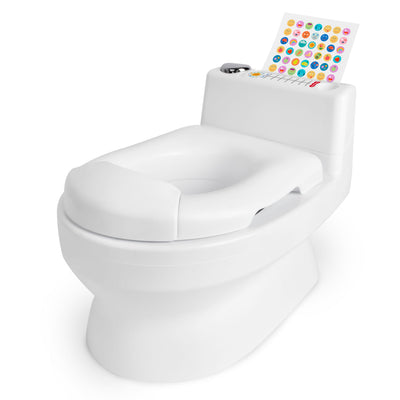 White toilet with a seat cover and control panel on a white background