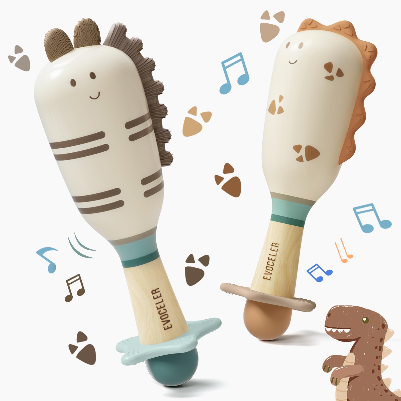 Evoceler Baby Rattles, 2 Pac Dinosaur Rattles & Shaker Toys with Teether, Baby Maracas Sensory Toys for 0+M Babies, Soft Silicone BPA Free, Perfect Size for Grasp, Ideal Baby Boy Girl Toy Gift