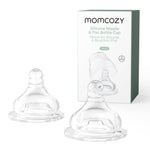 Clear silicone bottle nipples with packaging labeled 'momcozy' on a white background
