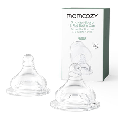 Clear silicone bottle nipples with packaging labeled 'momcozy' on a white background