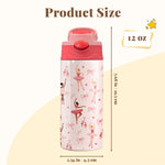 12oz Ballet Kids Water Bottle, Ballerina Water Bottle for School, Pink Kids Insulated Bottles with Straw & Handle, Leak-Proof, BPA-free, Straw Lid, Stainless Steel for Travel Gift Cup for Girls