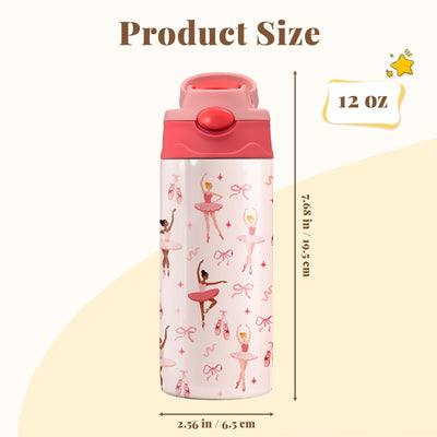 12oz Ballet Kids Water Bottle, Ballerina Water Bottle for School, Pink Kids Insulated Bottles with Straw & Handle, Leak-Proof, BPA-free, Straw Lid, Stainless Steel for Travel Gift Cup for Girls