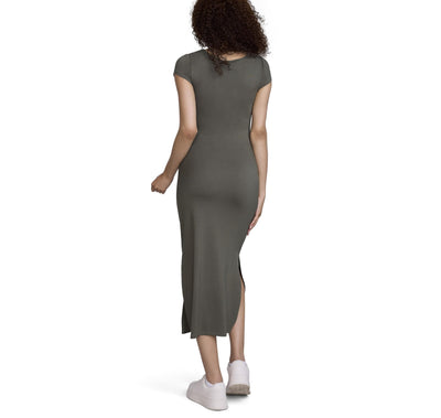 Motherhood Maternity Women's Short Sleeve Crew Neck Side Tie Detail Midi Casual Pregnancy Dress, Thyme, Medium