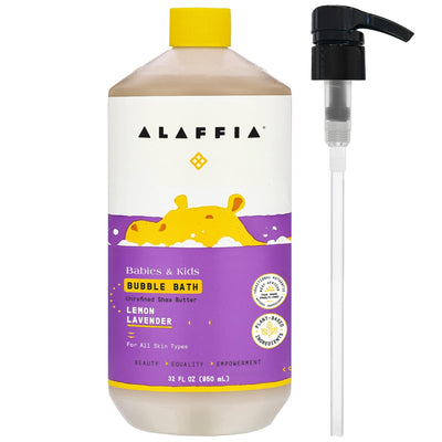 Alaffia bubble bath bottle with pump on a white background