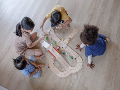 PlanToys® Road & Rail Set Wooden Montessori Imaginative and Creative Play Set | Early Language, Problem Solving and Coordination Activity | Eco Friendly Road and Rail Building Set