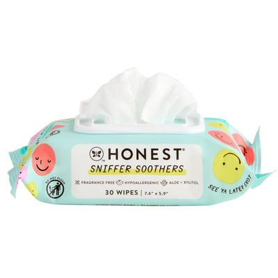 Pack of Honest Sniffer Soothers wipes with colorful packaging on a white background