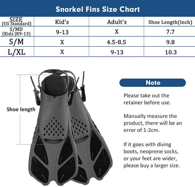 Snorkel Fins, Swim Fins with Adjustable Buckles, Open Heel, Travel Size Short Flippers for Snorkeling, Swimming and Scuba Diving, Diving Fins with Mesh Bag for Adult Men Women Kids