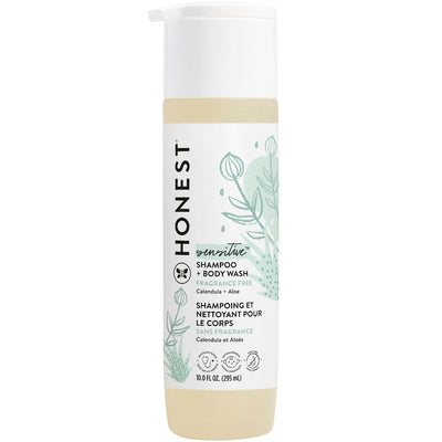 Honest sensitive shampoo and body wash bottle on a white background
