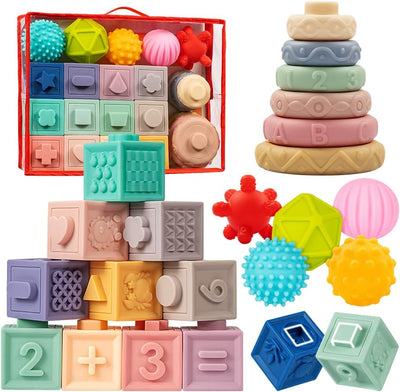 Colorful baby toys including stacking blocks, shape sorting cubes, and textured balls.