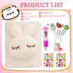 Liyujuping Cute Diary for Girls, Rabit Fuzzy Notebooks for Girls, Kids Notebook Set with Pen, Stickers, Flush Journal Writing Pad A6, Birthday, Christmas, Easter, Back-to-School Season (White)
