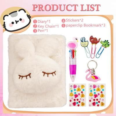 Liyujuping Cute Diary for Girls, Rabit Fuzzy Notebooks for Girls, Kids Notebook Set with Pen, Stickers, Flush Journal Writing Pad A6, Birthday, Christmas, Easter, Back-to-School Season (White)