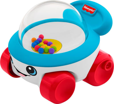 Fisher-Price toy with colorful balls inside a blue and red casing on a white background