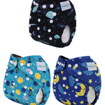 babygoal Reusable Charcoal Cloth Diapers with Double Gussets, 3 Pack Washable Baby Pocket Diapers with 3pcs Charcoal Inserts and Wet Dry Bag(Space,Moon,Star,Rocket)