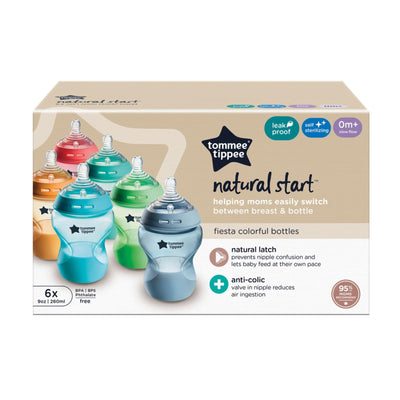 Tommee Tippee Natural Start Anti-Colic BPA Free Baby Bottles, 9oz, Slow-Flow Breast-Like Nipple for a Natural Latch, Designed for Seamless Transitions Between Bottle and Breast, Fiesta, Pack of 6