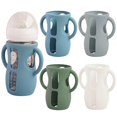 Set of five baby bottles with different colored silicone sleeves on a white background