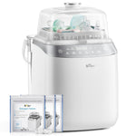 Baby bottle sterilizer with detergent tablets on a white background