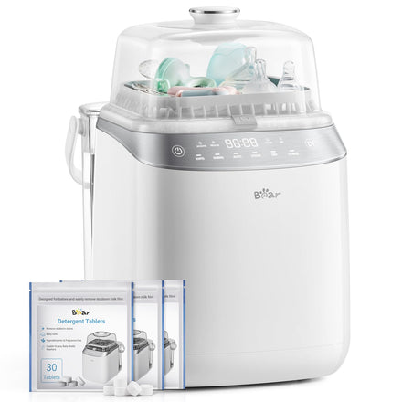 Baby bottle sterilizer with detergent tablets on a white background