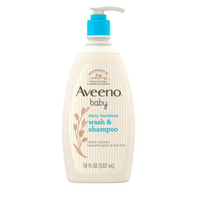 Aveeno baby daily moisture wash & shampoo bottle on a white background