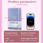 HJWKJUS Bling A5 Notebook with Pen, Lined Journal Notebook A5 Notepad for Girls Women,Cute Heart Pattern Design Glitter Laser Diary College Ruled Hardcover Notebook for Work, School, Note Taking, Business (Purple)