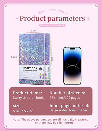 HJWKJUS Bling A5 Notebook with Pen, Lined Journal Notebook A5 Notepad for Girls Women,Cute Heart Pattern Design Glitter Laser Diary College Ruled Hardcover Notebook for Work, School, Note Taking, Business (Purple)
