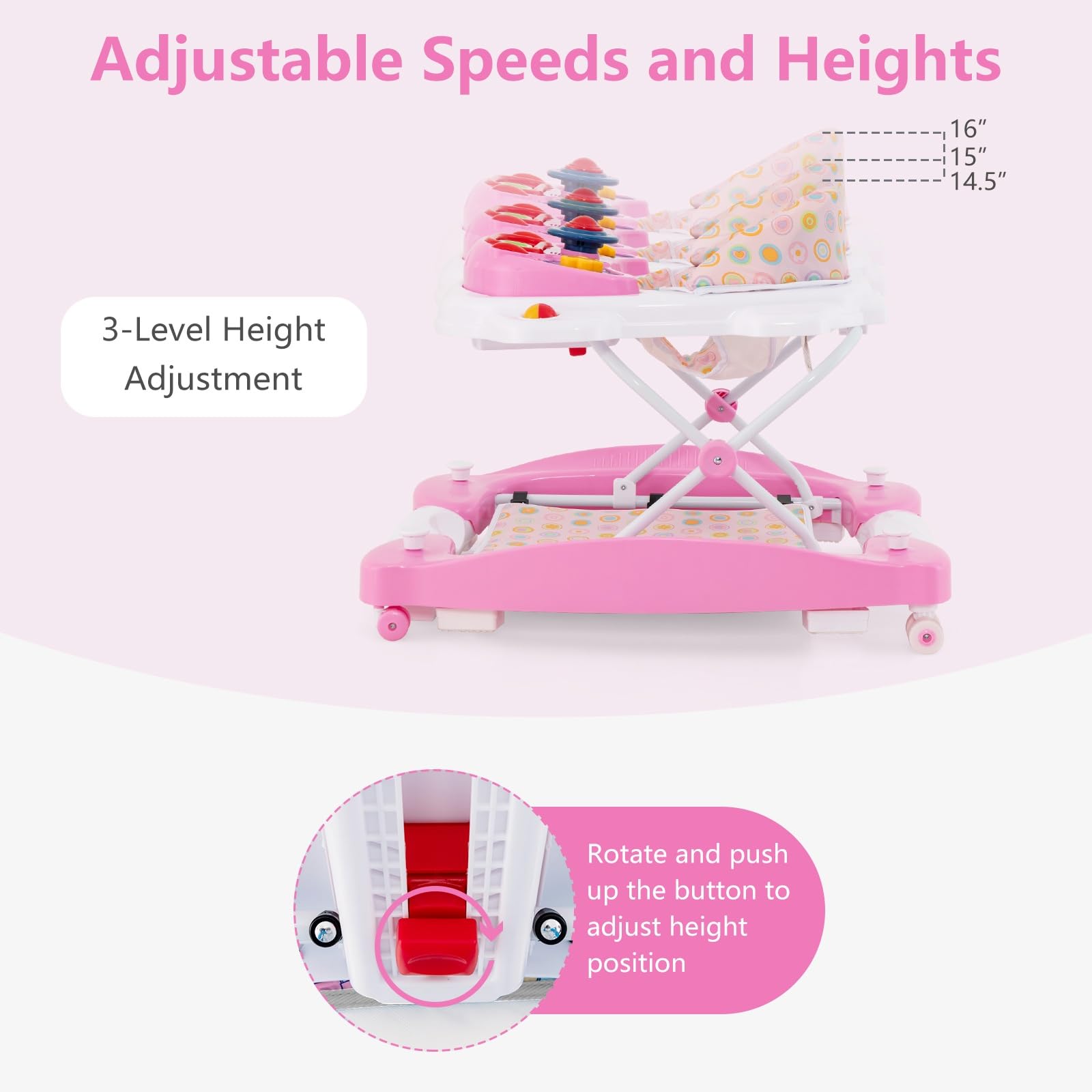 INFANS Baby Walker, 5 in 1 Behind Walker Learning Seated Rocker Bouncer with Removable Music Tray, Adjustable Height, Washable Seat Cushion, Foldable Activity Center for Toddlers (Pink)