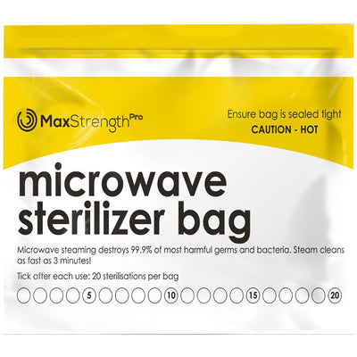 MaxStrengthPro microwave sterilizer bag packaging with yellow and white design.