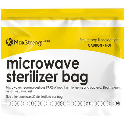 MaxStrengthPro microwave sterilizer bag packaging with yellow and white design.