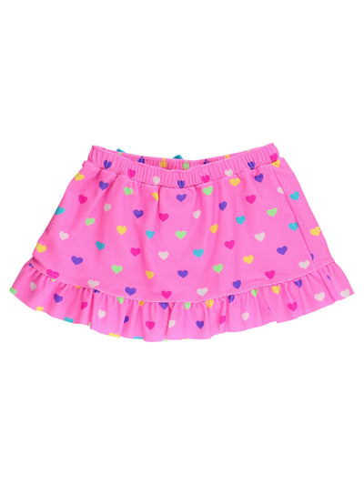 RuffleButts Girls Swim Bow Skirt Cover-Up - Neon Pink Colorful Hearts, 4T/5