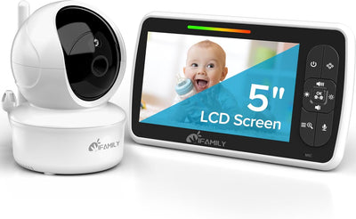 Baby monitor with a 5-inch LCD screen displaying a baby's face, branded 'G-Family'.