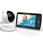 Baby monitor with 5-inch LCD screen displaying a baby's face, on a white background.