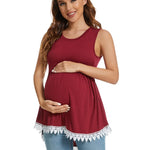 Xpenyo Womens Maternity Tank Top Sleeveless Lace Crochet Trim Peplum Cami Shirts Wine Red XL