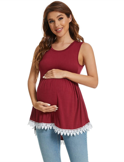 Xpenyo Womens Maternity Tank Top Sleeveless Lace Crochet Trim Peplum Cami Shirts Wine Red XL