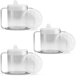 Set of four clear glass mugs with lids on a white background