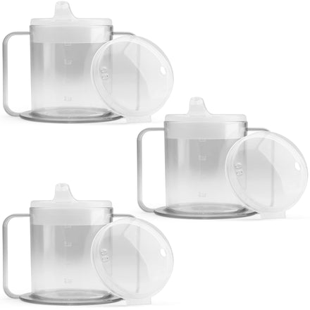 Set of four clear glass mugs with lids on a white background