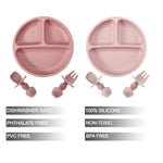 PandaEar 2 Pack Toddler Divided Suction Plates with 2 Spoons 2 Forks for Babies | Silicone Baby Led Weaning Supplies Self Feeding Eating Utensils | BPA-Free Silicone Baby Feeding Set -Pink