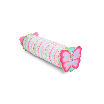 Striped cylindrical pillow with butterfly design on a white background