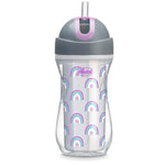 Clear water bottle with rainbow pattern and gray lid on a white background