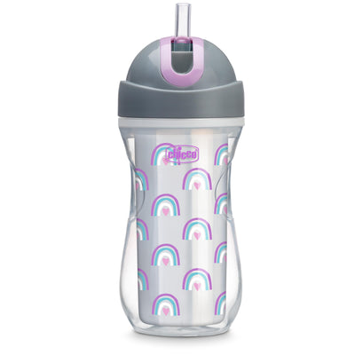 Clear water bottle with rainbow pattern and gray lid on a white background